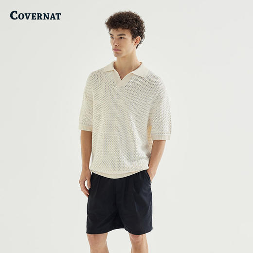 Covernat韩国潮牌时尚中款针织衫舒适透气翻领短袖2025夏季新品CO2402KT03 商品图0
