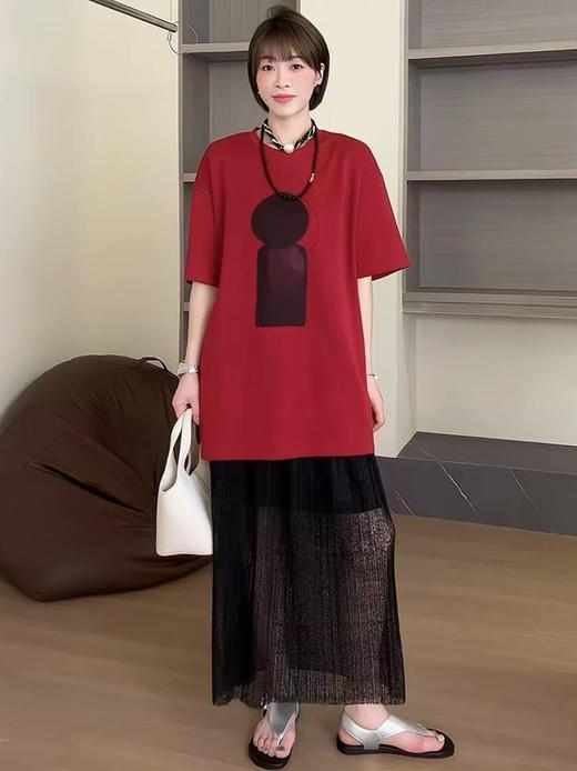 清仓价2025~欧货酒红立体几何宽松大版T恤-喜出 商品图3