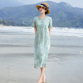 苎麻熊猫竹子，重工刺绣盘扣茶服连衣裙YM-S498