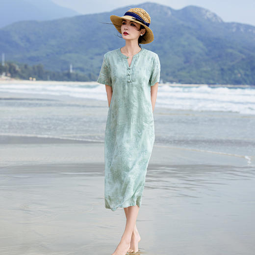 苎麻熊猫竹子，重工刺绣盘扣茶服连衣裙YM-S498 商品图0