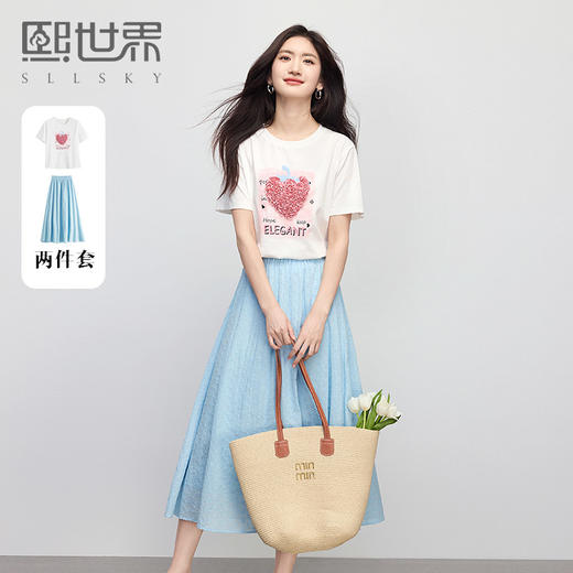 【专属特价】熙世界巨好看的夏天套装女新款时尚减龄印花T恤纯棉半身裙两件套 商品图0