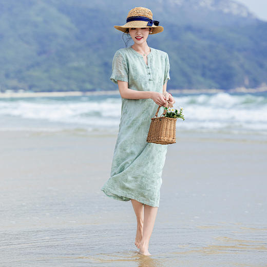 苎麻熊猫竹子，重工刺绣盘扣茶服连衣裙YM-S498 商品图3