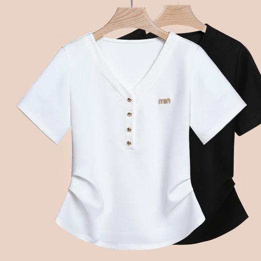 丁摩 白色女装夏季新款设计感V领不规则弧形下摆短袖t恤女半袖5ZF-R6683 商品图9