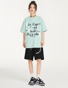 清仓价2025~情侣潮牌100%棉浅绿字母印花短袖T恤-喜出