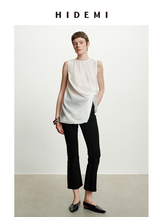 HIDEMI度假系列褶皱花苞堆叠感圆领前后两穿式背心上衣 黑色/白色 商品图2