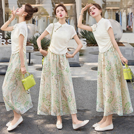 新中式国风套装，复古印花改良旗袍修身上衣裤裙两件套HR-GJC2571 商品图3