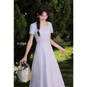 鹿向南「芋泥奶冻」法式浅紫色短袖连衣裙夏季新款时尚气质长裙女