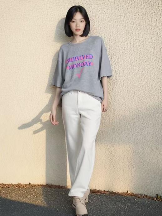 七夕福利-NO退~欧货粉字母花灰中长大版宽松短袖T恤-喜出 商品图3