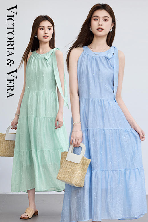 VICTORIA&VERA夏季“珀月浮光”法式度假风温柔气质挂脖绑带亮片蛋糕连衣裙 商品图7