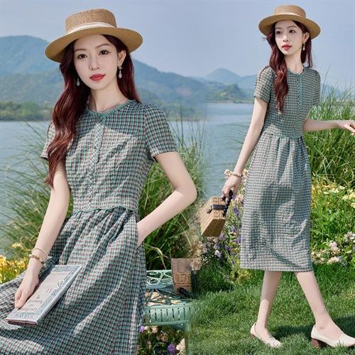 HR SYY2708蕾丝镶边秀气中长款格子连衣裙田园风休闲裙 商品图3