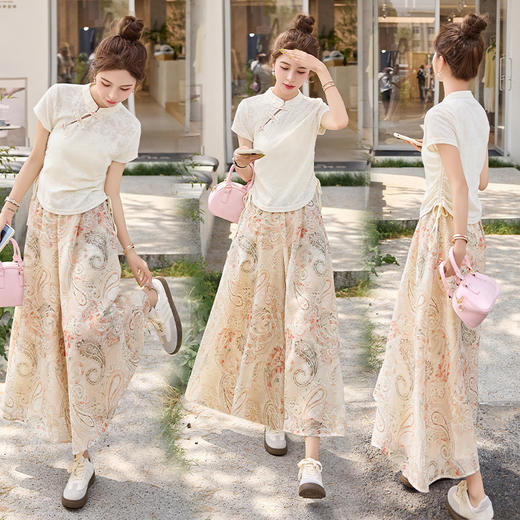 新中式国风套装，复古印花改良旗袍修身上衣裤裙两件套HR-GJC2571 商品图4