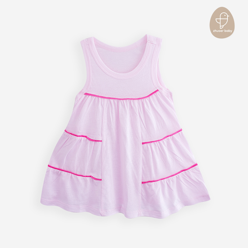 【无袖连衣裙】卓儿夏季女童裙子纯棉简约薄款花边短袖中长款连衣裙