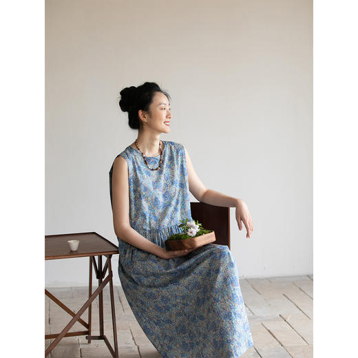 牧衣游原创 夏花印花纯棉连衣裙宽松文艺碎花无袖长裙 空山流水 商品图1