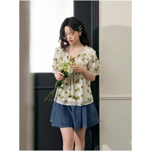 雀说阔色复古高腰百褶牛仔半身裙裤新款女蓝色a字短裤子AL6003 商品图2