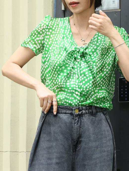 TYNVIE 系带透视短袖衬衫 - 绿色波点 商品图0