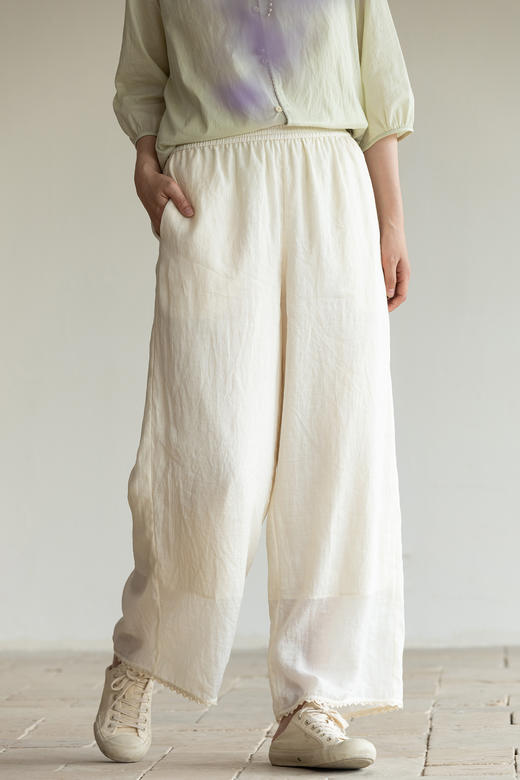 牧衣游原创 净色苎麻裤子轻盈透薄文艺通勤宽松百搭休闲裤 染花落 商品图5