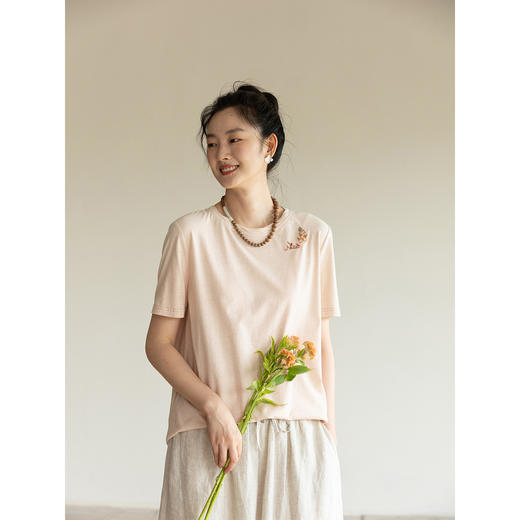 牧衣游原创手工刺绣32支纯棉T恤女夏简约圆领文艺百搭短袖 三千界 商品图3