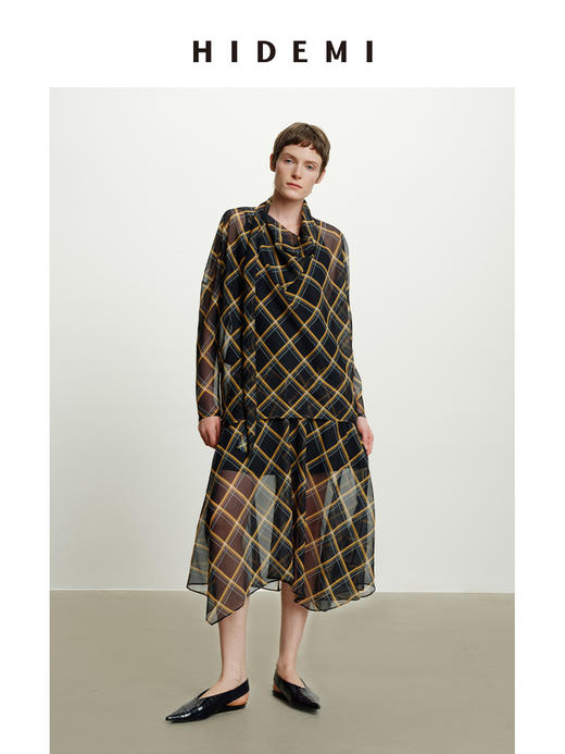 HIDEMI “我们做印花 ”系列原创手绘格纹清透薄纱缎上衣半裙套装 商品图4