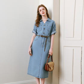 【商场同款】诗凡黎诗凡黎翻边袖口牛仔连衣裙25夏新款中长裙3G4390331