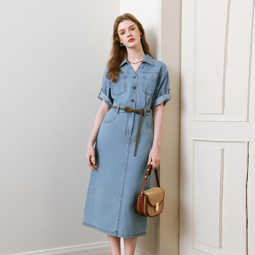 【商场同款】诗凡黎诗凡黎翻边袖口牛仔连衣裙25夏新款中长裙3G4390331 商品图0