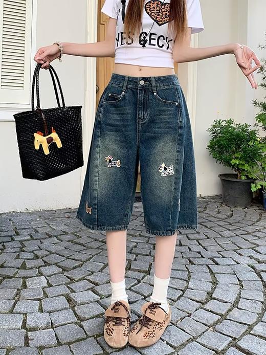 【GZ】无忧购美式复古设计感刺绣五分牛仔短裤女夏季宽松阔腿小个子直筒裤742（截单后3-5天发货） 商品图1