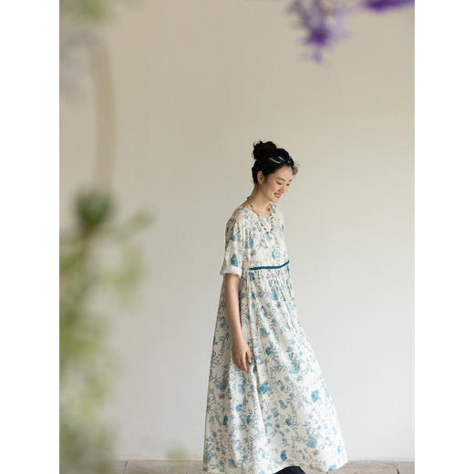 牧衣游原创 印花纯棉连衣裙女夏日轻薄宽松文艺碎花长裙 汀花雨细 商品图3