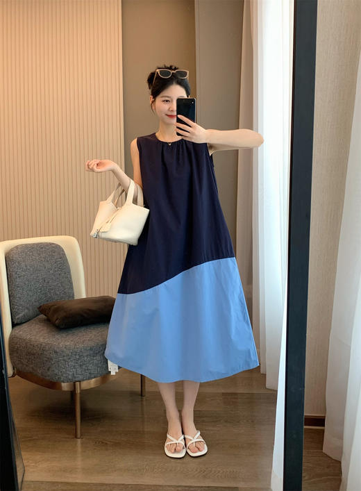 雀说春不晚 夏季新款无袖撞色圆领连衣裙不规则拼接中长款无袖中长裙AL7002 商品图6
