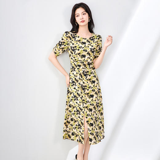 「高货wl」全新升级【铂金会员293/天猫399/差价106】(11937)洛诗琳法式气质印花连衣裙2025夏季收褶开叉收腰优雅裙子 商品图1