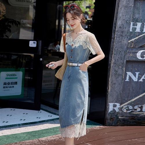 2025年夏季蕾丝牛仔拼接连衣裙(配腰带)温柔淑女风连衣裙YLFS8998 商品图1