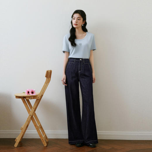 【商场同款】诗凡黎【萌宠系列】诗凡黎蓝色U领正肩T恤2025夏新款薄款上衣3G4600641 商品图1