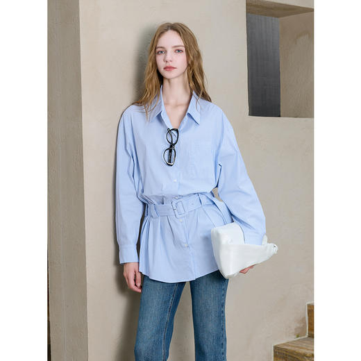 三彩2025秋季新款中长宽松条纹衬衫长袖衬衣上衣蓝色气质通勤S 商品图1