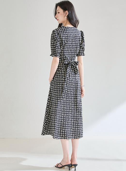 知性法式轻奢黑白格纹V领绑带收腰显瘦天丝棉质A字连衣裙 商品图7