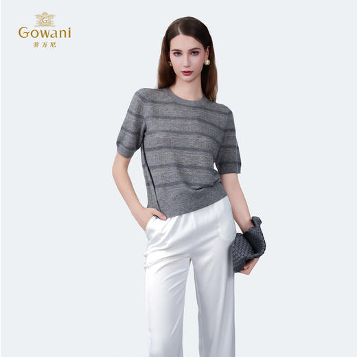 乔万尼新品简约高级感条纹圆领舒适薄款羊毛针织上衣EZ2M113 商品图2