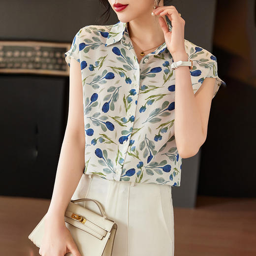 丁摩法式优雅真丝衬衫短袖印花气质桑蚕丝上衣小衫AL818 商品图3