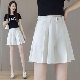雀说阔色复古高腰百褶牛仔半身裙裤新款女蓝色a字短裤子AL6003