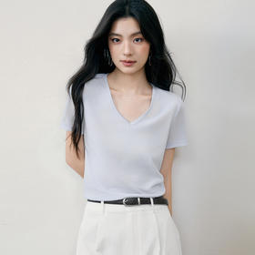 【严选】诗凡黎诗凡黎雪花棉亚麻V领T恤2025夏新款轻柔凉爽显瘦休闲百搭短袖上衣7G5301541