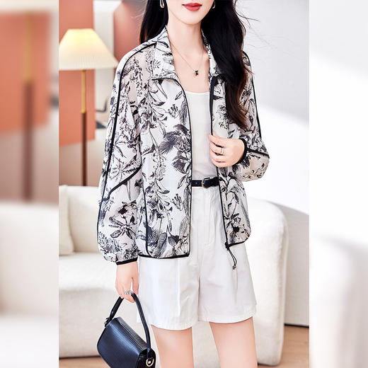 丁摩真丝短外套女长袖印花薄款宽松防晒衣夏季桑蚕丝上衣开衫AL0125 商品图0