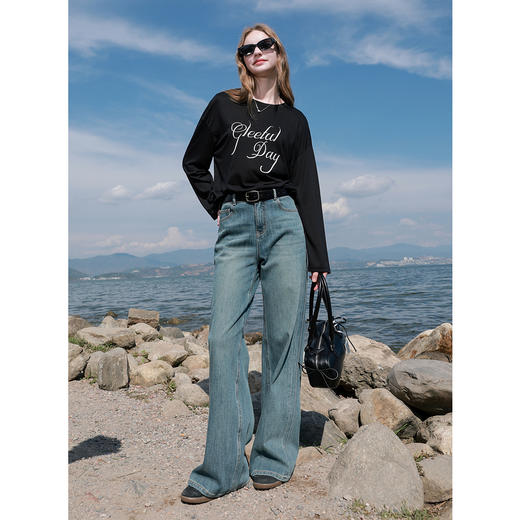 【莱赛尔】三彩2025秋季新款宽松圆领长袖字母T恤套头衫休闲M 商品图1