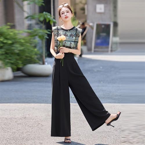 网红吊带连体裤时尚套装2025夏印花T恤背带阔腿裤垂感休闲两件套YF2602 商品图1