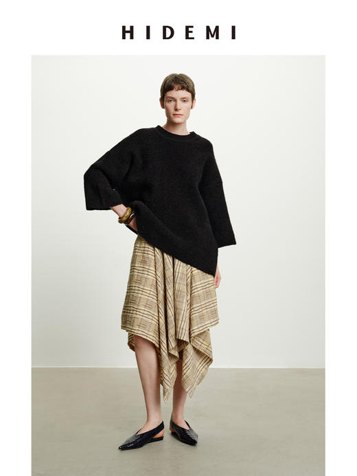 HIDEMI 不规则剪裁大伞状进口韩国纱线格纹泡泡袖上衣半身裙套装 商品图6