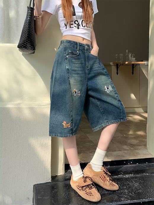 【GZ】无忧购美式复古设计感刺绣五分牛仔短裤女夏季宽松阔腿小个子直筒裤742（截单后3-5天发货） 商品图4