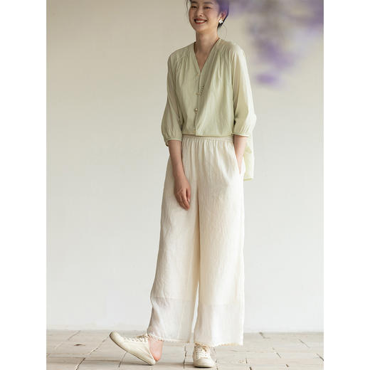 牧衣游原创 净色苎麻裤子轻盈透薄文艺通勤宽松百搭休闲裤 染花落 商品图1