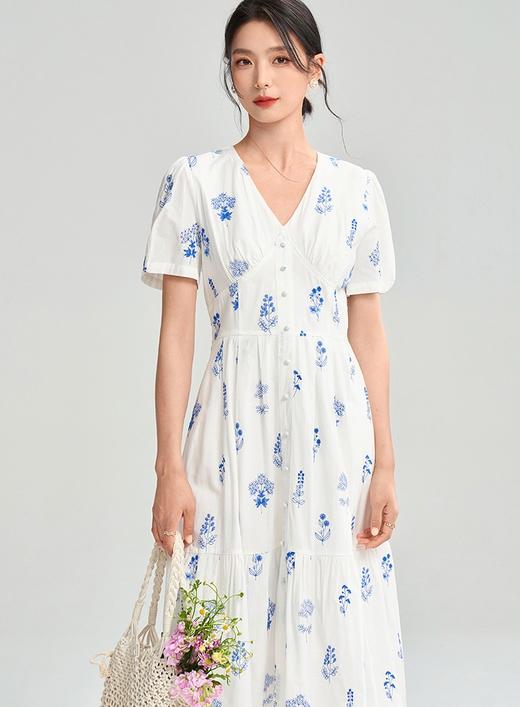 重工刺绣花朵薄棉透气法式简约V领收腰显瘦气质连衣裙 商品图3