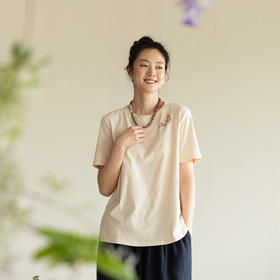 牧衣游原创手工刺绣32支纯棉T恤女夏简约圆领文艺百搭短袖 三千界
