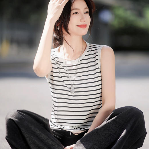 丁摩140克针织真丝背心2025夏季圆领条纹遮副乳上衣ALF3631 商品图4