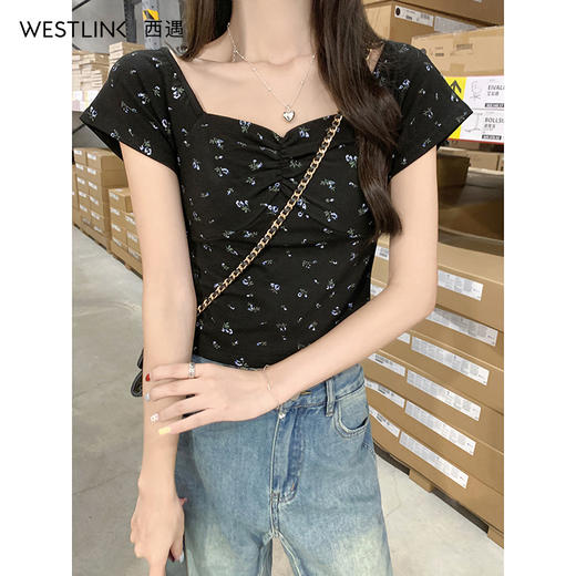 西遇S黑色桃心领T恤女夏季新款早秋短款短袖小个子法式上衣SS140112 商品图4