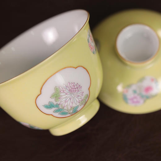 【忘言】柠檬黄地小团花茶碗盖碗 曰何文人器 商品图2