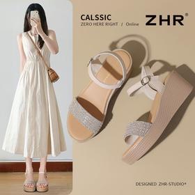 ZHR则则水钻坡跟凉鞋2025新款一字带厚底女鞋法式洋气凉鞋ins气质