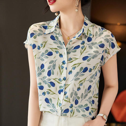 丁摩法式优雅真丝衬衫短袖印花气质桑蚕丝上衣小衫AL818 商品图2