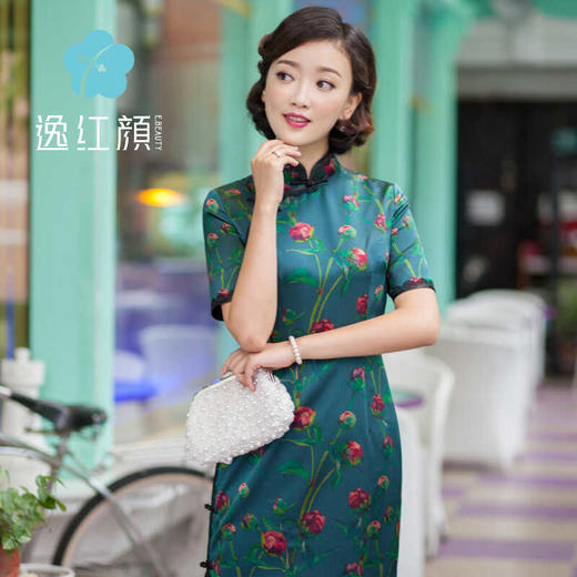 逸红颜【玉竹】软滑滑的真丝气质绿色旗袍 商品图0